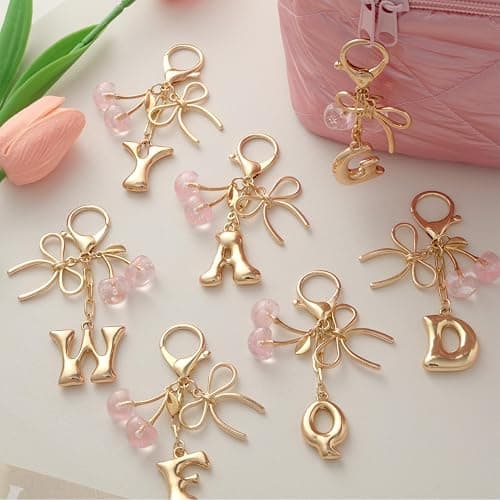 Snycler Bubble Initial Keychain with Bow & Cherry - Gold Letter Bag Charms for Women, Cute Purse Handbag Accessories thumbnail 4