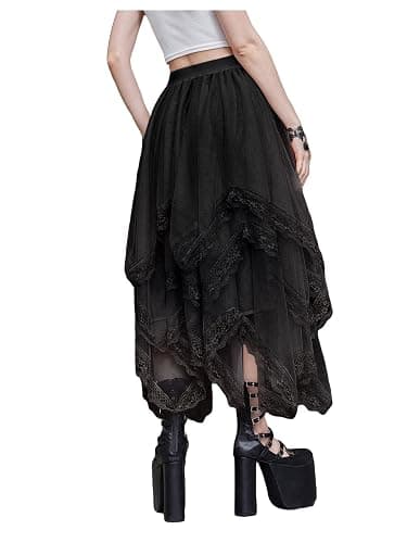 SHENHE Women's Lace Trim Layered Mesh Tulle Skirt High Waist Asymmetrical Long Goth Skirt thumbnail 2
