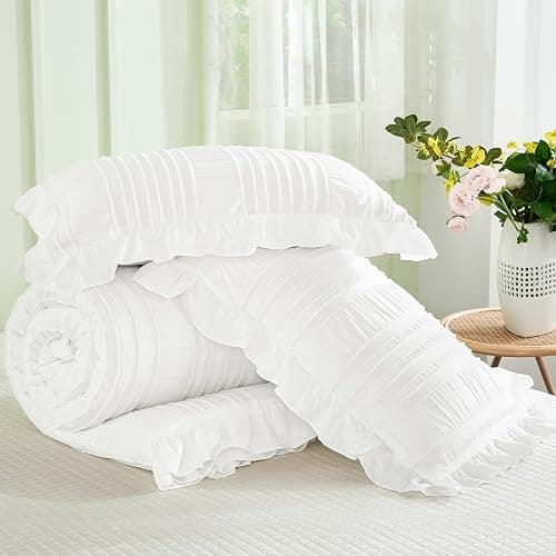 WONGS BEDDING White Queen Comforter Set,Boho Ruffle Comforter for Queen Bed,Soft Seersucker Shabby Chic Bedding Set with 1 Comforter,2 Tufted Pillowcases 90"×90" thumbnail 7