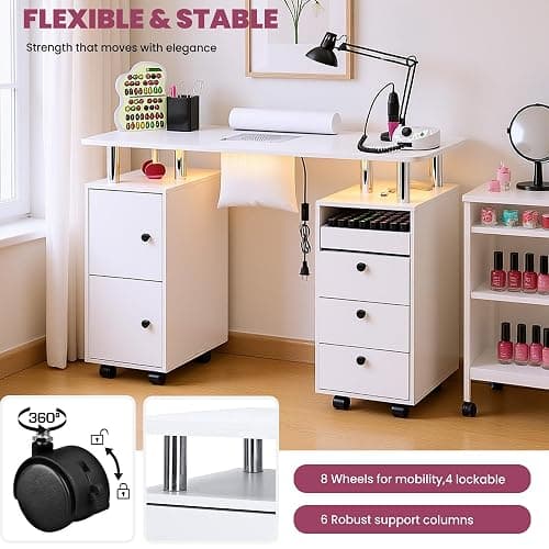 HolaiNail Nail Desk for Nail Tech w/Electric Dust Collector, Rolling Manicure Table w/Lockable Wheels, Storage Drawers, Wrist Cushion, Acetone Resistant, for Nail Beauty Salon Workstation (White) thumbnail 8