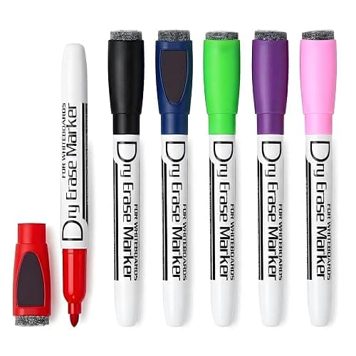 Volcanics Colored Magnetic Dry Erase Markers Fine Tip, Low Odor Whiteboard Markers with Eraser Cap, Dry Erase Pens for Calendar, Refrigerator, School, Office, Home, 6 Assorted Colors, Pack of 6 - Image 1