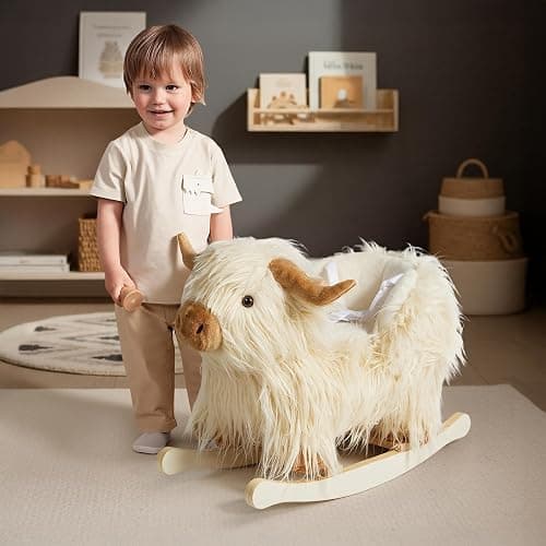 Baby Rocking Horse,Highlander Cattle Rocking Toy for 1+ Year Old Boys and Girls Rocking Horse for Kids Room Nursery Birthday Party Shower Gift Wood Animal Rocker French Design 3-Side Seat PP Cotton thumbnail 2