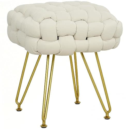 HOMCOM Square Foot Stool, Woven Footrest Ottoman with Metal Legs, Padded Makeup Vanity Stool, Velvet Dressing Table Seat for Bedroom, Cream White - Image 1