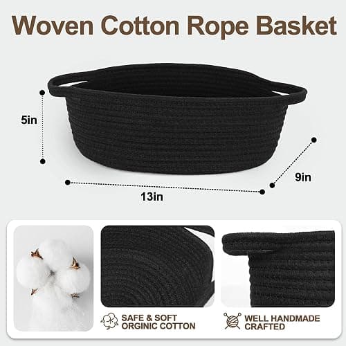 WILLITAT Small Basket for Gifts Empty, Woven Cotton Rope Gift Basket, Cute Kids Dog Cat Toy Bin Box, Baby Nursery Organizer, Decorative Storage Bin for Shelves, Easter, Home Decor, 13"x9"x5", Black thumbnail 3
