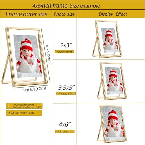 GorYeeFine Gold 4x6 Floating Picture Frame for Photo(2x3'',3.5x5''),Adjustable Tabletop/Shelf,Floating Picture Frames 2x3'',Classy Metal Gift Frames for Wedding,Thanksgiving,Christmas thumbnail 3