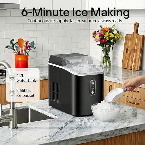 NEWBULIG Nugget Ice Makers Countertop, Portable Nugget Ice Machine, Ready in 6 Mins, 24lbs in 24Hrs, Auto-Cleaning, with Basket and Scoop, for Home, Kitchen, RV, Camping, Black thumbnail 2