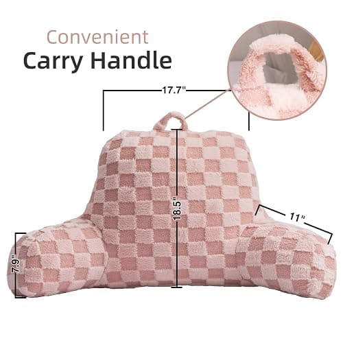 A Nice Night Faux Fur Reading Pillow,Checkered Fluffy Grid Plaid,Bed Wedge Pillow Large Adult Children Backrest with Arms for Bedrest,Pink thumbnail 3
