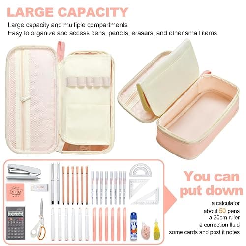 YOKUMA Pencil Case Cute Pencil Pouch for Girls Big Capacity Pen Bag Box, Kawaii Aesthetic College School Supplies for Student Teen Adults Preppy, Pink thumbnail 6