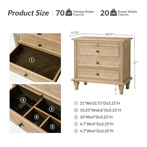 HULALA HOME Farmhouse 3 Drawer End Table with Tray, Drawer Organizer with Solid Wood Legs, End Table with Charging Station（Natural） thumbnail 2