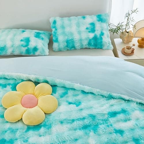 SUCSES Fluffy Comforter Cover Set Queen Size 3 Pieces Tie Dye Faux Fur Duvet Cover Set Warm Soft Luxury Velvet Girls Bedding Sets for Boys Room Decor(Tie Dye Aqua, Queen) thumbnail 3