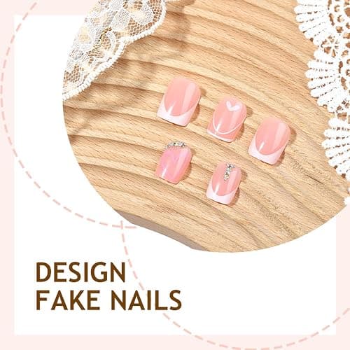 24Pcs French Tip Press on Nails with Nude Pink Hearts Design,Glossy Short Square False Nails Rhinestones Acrylic Fake Love Heart Stick on Fingernails Valentine's Press ons Cute Glue on Nail for Women thumbnail 2