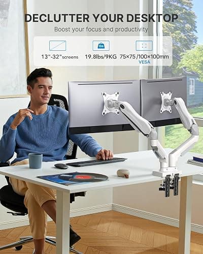 HUANUO Dual Monitor Stand - Full Adjustable Monitor Desk Mount Swivel Vesa Bracket with C Clamp, Grommet Mounting Base for 13 to 32 Inch Computer Screens - Each Arm Holds 4.4 to 19.8lbs - Whtie - White thumbnail 2