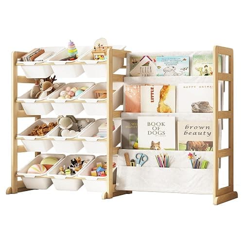 EXPERLAM Toy Storage Organizer with Bookshelf, Kids Toy Organizer and Storage Shelf with 12 White Bins, Solid Pine Wood Book Rack for Playroom, Nursery, Kids Room, Toys and Books - Image 1