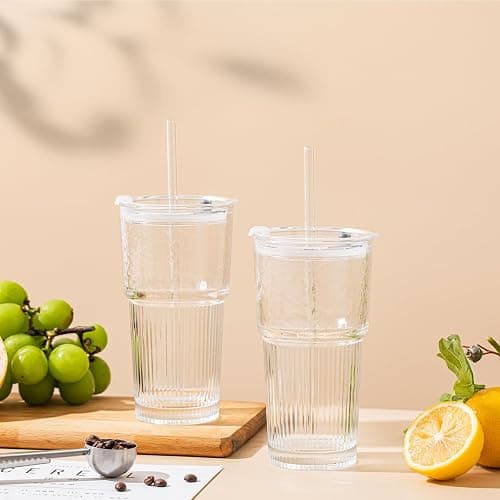 SoulTimes 20oz Glass Tumblers with Lids and Straws, Set of 2 - Stylish Ribbed Design Drinking Glasses for Iced Coffee Cups, Juice, Smoothies, Cold Beverages, Includes Cleaning Brush, Durable Glassware thumbnail 7