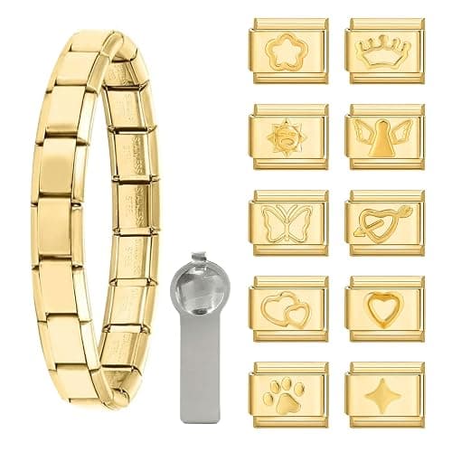 papasgix Italian Charm Bracelet Gold Set with Starter Brascelet, Assorted Gold Charms and Opening Tools, 9mm Modular Italian Charm Bracelet Links Handmade DIY Jewelry - Image 1