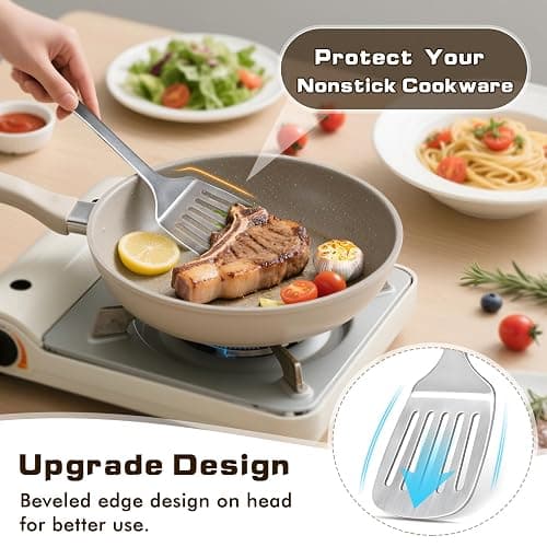 4 Pcs Cooking Utensils Set, Stainless Steel Kitchen Utensils, Heat Resistant Metal Kitchen Tools Include Solid & Slotted Turner Wok Spatula, Serving Spoon, Ergonomic Handle, Easy to Clean, Silver thumbnail 6