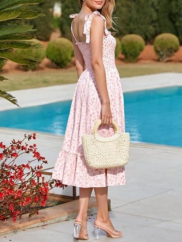 Imily Bela Womens Summer Floral Boho Dress Tie Strap Square Neck Smocked Ruffle A Line Beach Long Maxi Dresses thumbnail 3