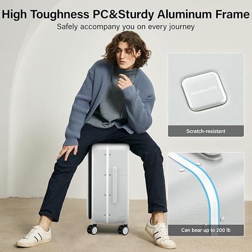 Hanke 20 Inch Carry On Luggage with Cup Holder and Charge,Top Opening Hard Shell Suitcases with Wheels and Dividers,Aluminum Frame Trunk Luggage Small Suitcase with Lock for Travel,Smoke White thumbnail 7