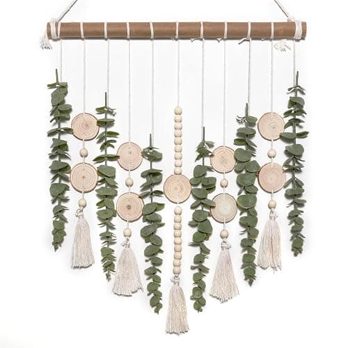 GIAUMA Artificial Eucalyptus Wall Hanging Decor Fake Plant Greenery Leaves Chip Strands Beads Garland on 16.5 inch Stick Boho Rustic Farmhouse Nature Bathroom Bedroom Living Room Decorations - Image 1
