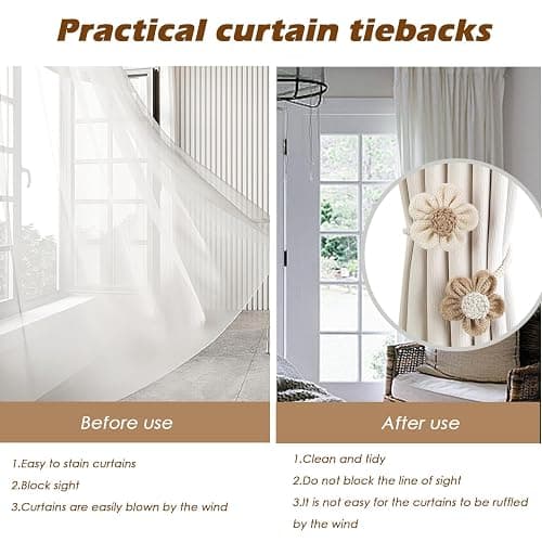 SRG Curtain Tiebacks for Curtains 2 Pack, Decorative Curtain Holdbacks for Drapes, Handmade Tie Backs No Drilling for Home Bedroom Window Decor – Sunflower Cream Khaki thumbnail 5