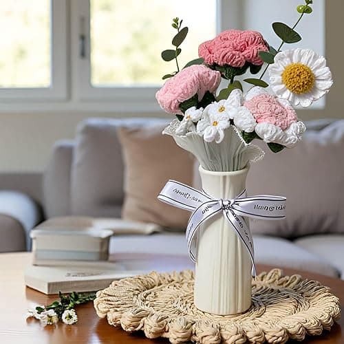 Tokatan Completed PinkGi Crochet Flowers Bouquet, Handmade Knitted Bouquet, Crochet Artificial Flowers for Mother's Day Birthday, Wedding Home Decor, Gifts for Mom (Pink Crochet) thumbnail 6