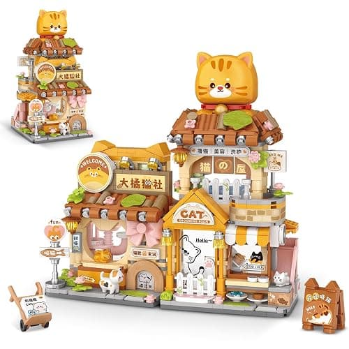 Street View Cute Cat Shop Mini Building Blocks, MOC Creative Building Toys Cute Animals Building Set for Girls 6-12, Simulation Architecture Construction Toy, Gift Idea for Kids Adults (917 PCS) - Image 1