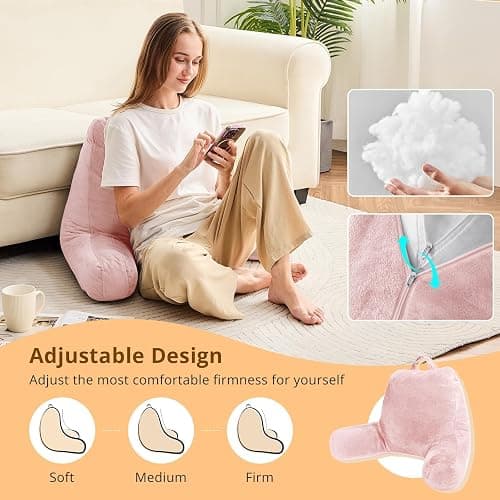 Sasttie Reading Pillow, Velvet Back Pillow for Bed Sitting Up, Adult Back-Rest Support Cushion with Arms for Sit Up on Couch, Sofa, and Floor, Dorm Essentials, Reading Accessories, Pink thumbnail 3