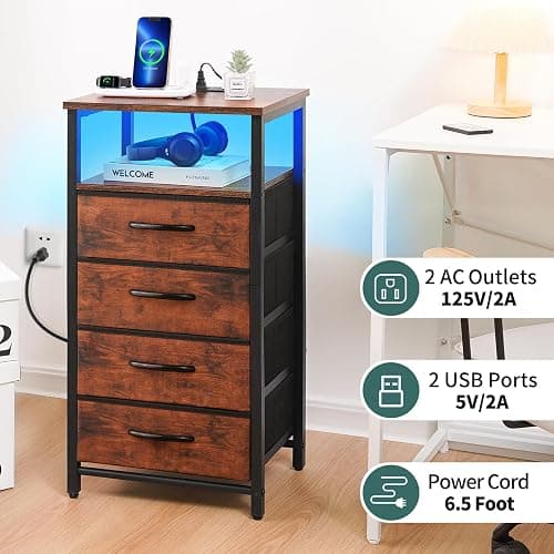 Yoobure Night Stand - LED Rustic Nightstand with Charging Station, Bedside Table with 4 Storage Drawers and Storage Shelf, End Table with USB Ports and Outlets thumbnail 5