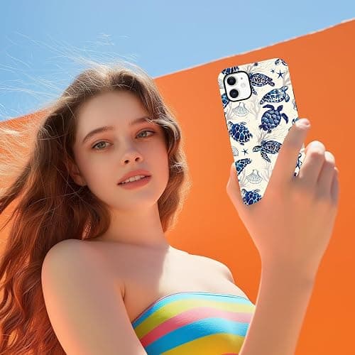 Vulfwela Summer Turtle Phone Case for iPhone 12/12 Pro, Shcokproof Cove for Women Men - White Blue Tortoise Shell thumbnail 7