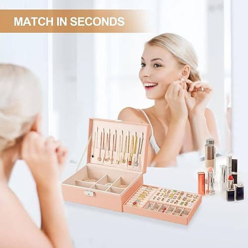 Jewelry Organizer Box, Leather Jewelry Box for Girls Gift Earring Organizer with Lock Double Layers Jewelry Case Removable Tray for Necklace Earring Ring with Polishing Cloth and Jewelry Bags thumbnail 2