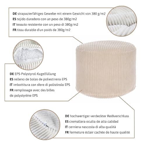 DreamRoots Pouf Hocker Rund - Cord 50x50x35 cm - Für Couch und Wohnzimmer - Sitzpouf - Fußhocker Für Sessel - Sitzhocker - Hocker Sofa thumbnail 6