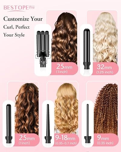 Waver Curling Iron Wand, BESTOPE PRO 5 in 1 Curling Wand Set with 3 Barrel Hair Crimper for Women, Fast Heating Hair Wand Curler in All Hair Type-Black thumbnail 2