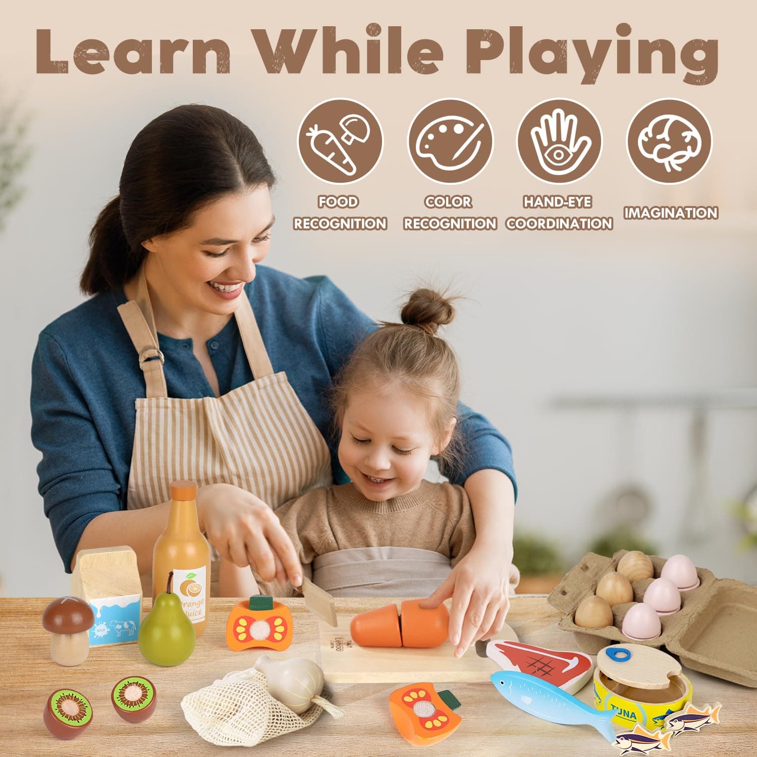 Lehoo Castle Wooden Play Food Sets for Kids Kitchen, Food Toys for Toddlers, Pretend Food Play Kitchen Accessories, Cutting Fruits Vegetables Toys, Gift for Boys Girls thumbnail 5
