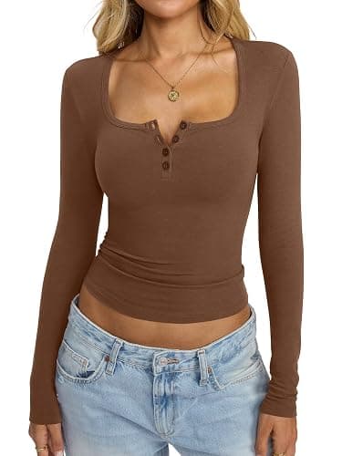 EasyGala Womens Cotton Long Sleeve Henley Shirts Sexy Square Neck Tops Slim Fit T-Shirt Trendy Outfits Fall Clothes 2026 thumbnail 4