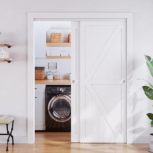 SMARTSTANDARD Sliding Closet Door, 60x80 Inch Double Barn Doors, Double K Shape Sliding Door with Hardware Kit, Pre-Drilled MDF Panel with PVC Surface, White - Image 1