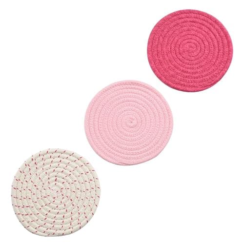 Kitchen Potholders Set Trivets Set 100% Pure Cotton Thread Weave Hot Pot Holders Set (Set of 3) Stylish Coasters, Hot Pads, Hot Mats, Spoon Rest For Cooking and Baking by Diameter 7 Inches (Pink) thumbnail 5