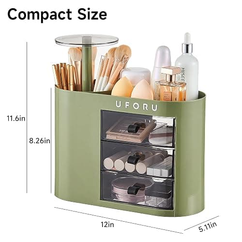 UFORU Makeup Organizer with Pop-Up Brush Holder for Dresser Vanity, Plastic Bathroom Counter Organizer with 3 Drawers & Dust-Proof Cover, Cosmetic Display Case for Lipstick, Skincare, Vintage Green thumbnail 2
