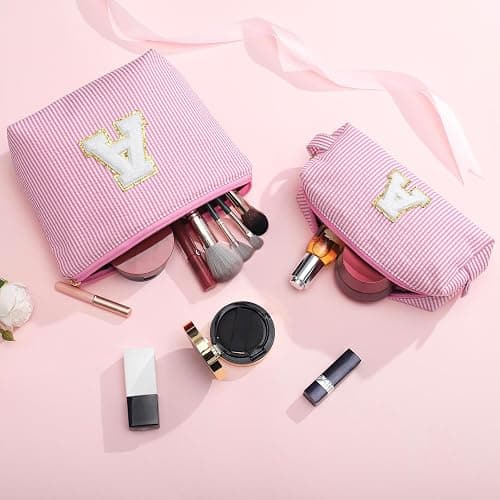 YOOLIFE Initial Makeup Bag for Girls, Travel Cosmetic Bag with Small Makeup Brush Bag Cute Makeup Bag Toiletry Travel Bag Personalized Wife Friend Gifts Makeup Birthday Gifts for Women Her Pink R thumbnail 2