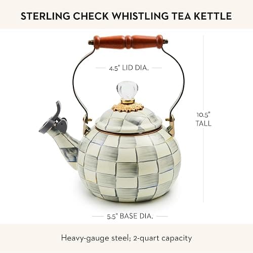 MACKENZIE-CHILDS Enamel Whistling Tea Kettle, Decorative Teapot for Stovetop, Gray-and-White Sterling Check thumbnail 2