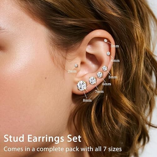 7 Pairs 18G 20G Flat Back Stud Earrings, Hypoallergenic Surgical Steel Set | 14K Gold Plated with Bonus Plum Blossom Screw Backs, CZ Sizes 2-8mm for Multiple Piercings, Sensitive Ears & Daily Wear thumbnail 2
