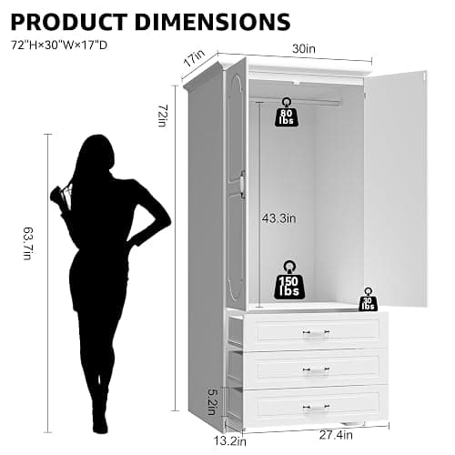 FJTJBSI Armoire Wardrobe Closet with 3 Drawers and LED Light 72" Wooden Bedroom Armoire with 2 Doors and Retro Ceramic Door Handles Modern Wardrobe Cabinet with Removable Hanging Rod White thumbnail 3