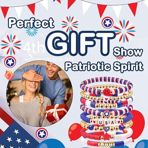 lakayfimily Independence Day Gifts for Women Men Teens Red White Blue Clay Beaded Stackable Stretch Bracelets USA Patriotic Jewelry 4th of July Accessories thumbnail 7
