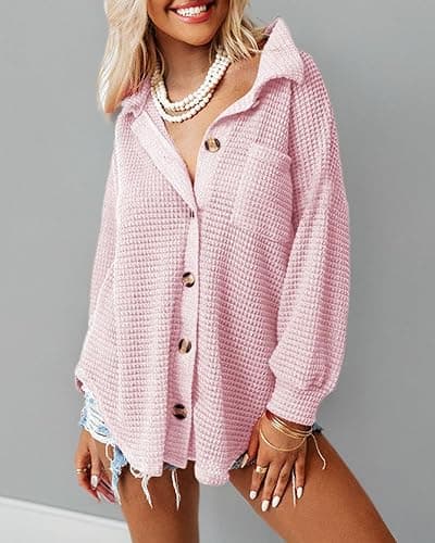 Dokotoo Womens Waffle Knit Shacket Jacket Casual Long Sleeve Button Down Shirts Dressy Blouses Tops thumbnail 7