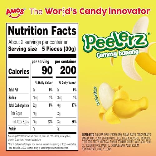 Amos Peelerz Banana Gummies,Peelable Banana Candy,Peeling Fruit Snacks Fat Free, Resealable 2.19oz Bag (Pack of 3) thumbnail 2