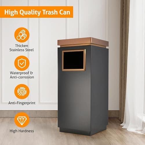 WICHEMI Commercial Outdoor Trash Can, Stainless Steel Indoor Outdoor Trash Can with Lid, Removable Inner Bucket Metal Garbage Can for Home, Office, Restaurant Elevator Entrance - 11.8×11.8×28.4 in - Black & Rose Gold - 11.8×11.8×28.4 in thumbnail 5