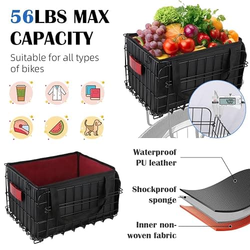 Bike Basket Rear, Folding Bicycle Basket with Removable Waterproof Liner Bag, Rear Bike Cargo Rack, Bike Accessories Frame Basket for Adult Women Men Carrying Dogs,Pet,Grocery,Quick Release Design thumbnail 2