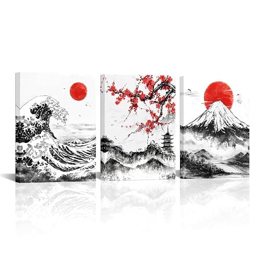 Saypeacher Japanese Ink Wall Art Mount Fuji Picture Prints The Great Wave Off Kanagawa Painting Cherry Blossom Artwork - Image 1