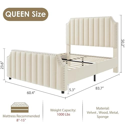 GarveeHome Queen Size Platform Bed Frame with 50.2 in Headboard, Velvet Upholstered Bed Frame Queen with Vertical Channel Tufted Headboard & Footboard, Nailhead Trim, No Box Spring Needed, Cream thumbnail 2