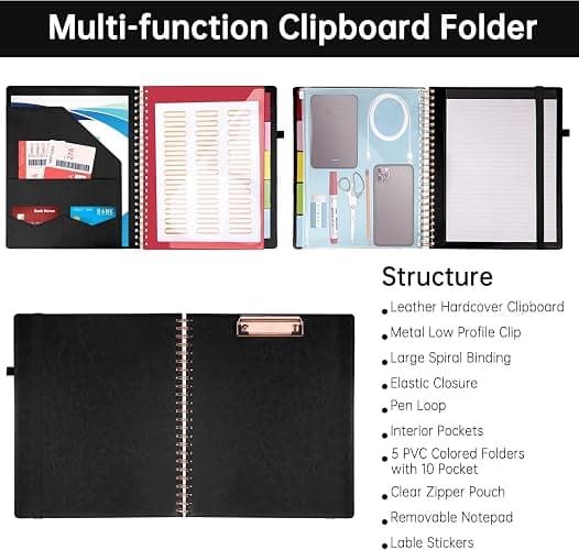HAUTOCO Spiral Leather Clipboard Folio with Notepad (8.5 x 11''), 5 Folders with 10 Pockets, Storage Zipper Pouch, Pen Loop, 39 Stickers, Padfolio Organizer for Work School, Black thumbnail 3