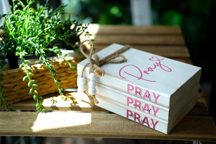 LIVDUCOT Pink Wood Book Stack Pray Christian Home Decor for Women - Wooden Block Sign Table Decoration - Inspiration Prayer Office Decor Religious Gift thumbnail 4